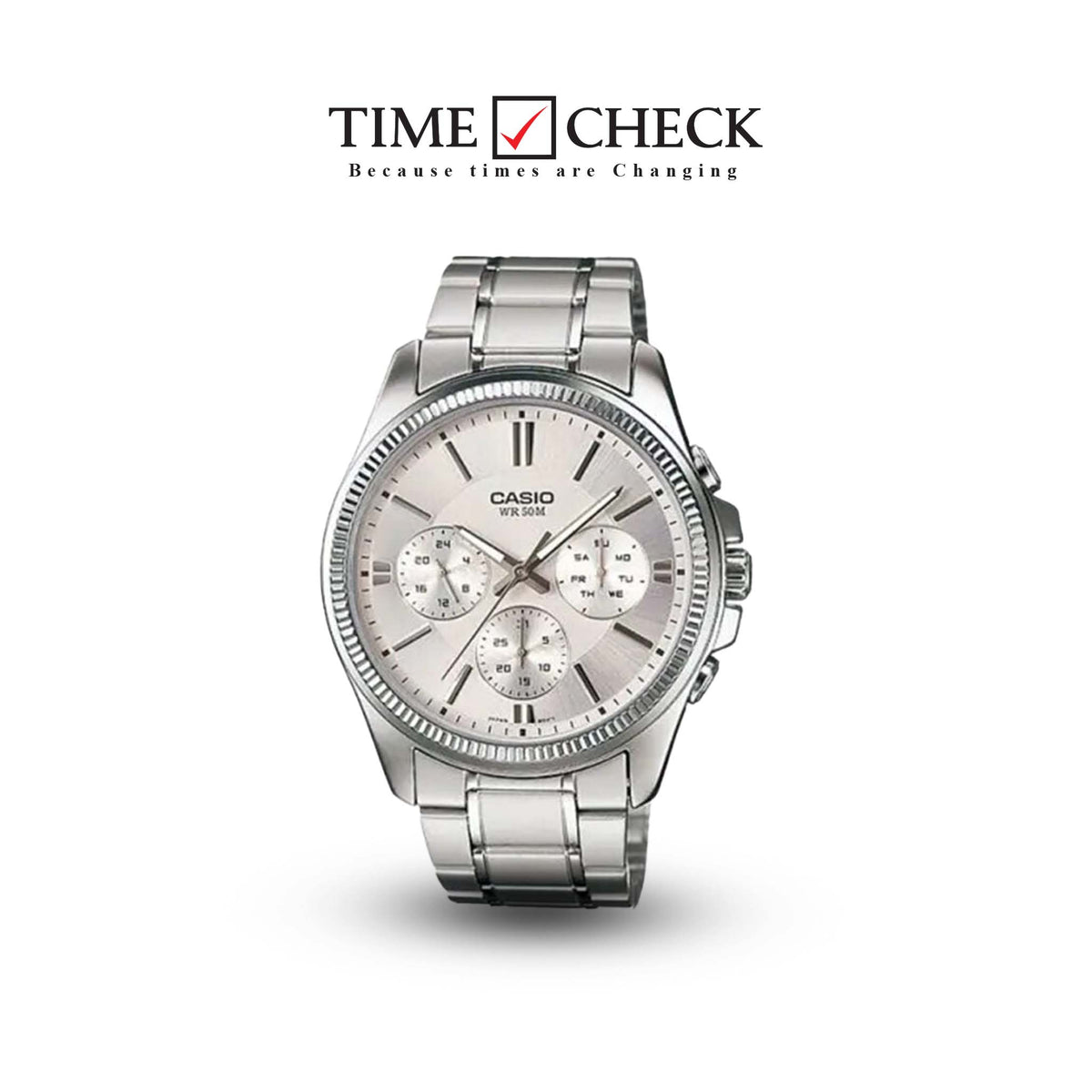 MTP-1375D-7AVDF Casio Silver Case Silver Dial Analog Steel Band Watch for Mens. - Timecheck