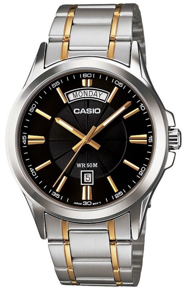 MTP-1381G-1AVDF Casio Silver Case Black Dial Analog Steel Band Watch for Mens. - Timecheck