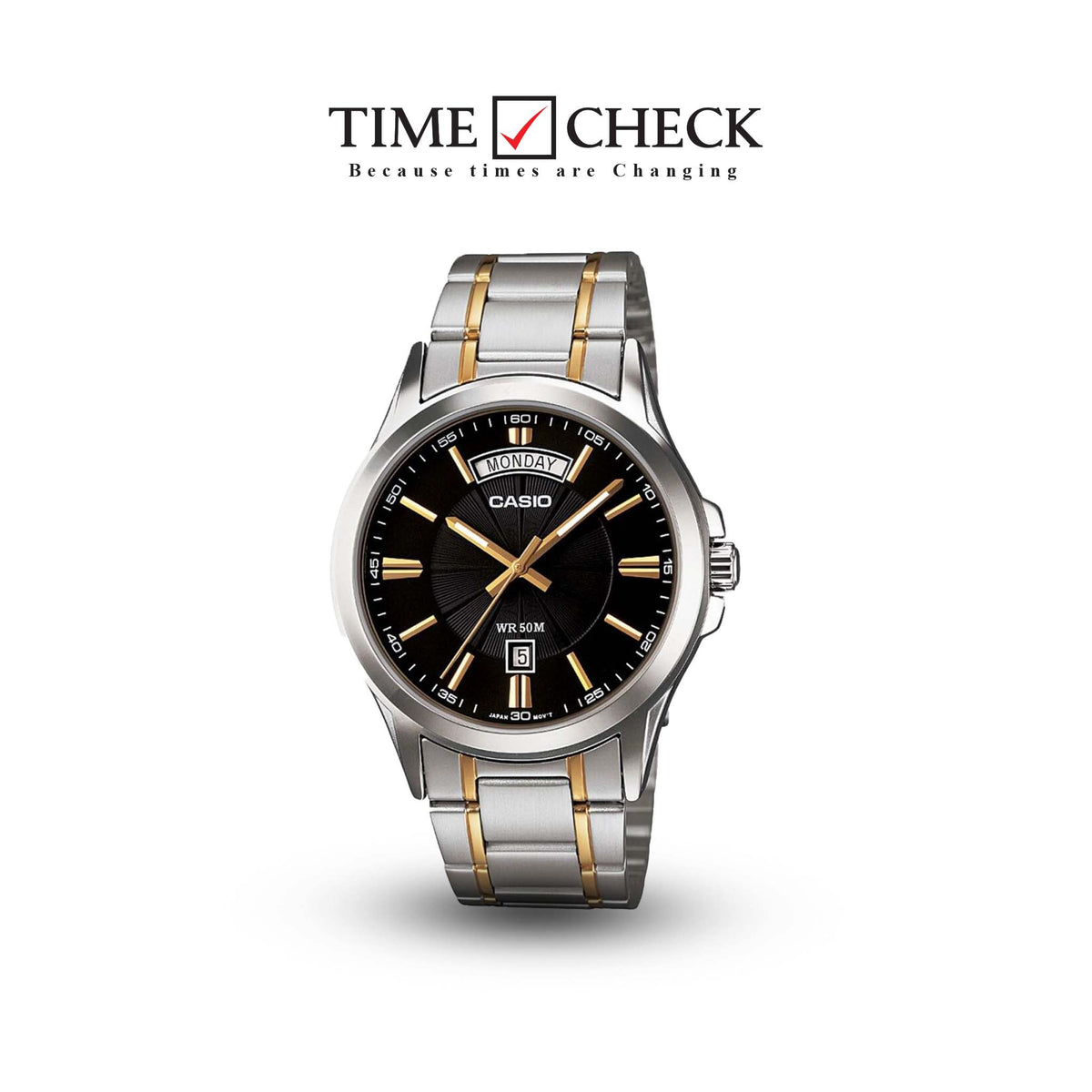 MTP-1381G-1AVDF Casio Silver Case Black Dial Analog Steel Band Watch for Mens. - Timecheck