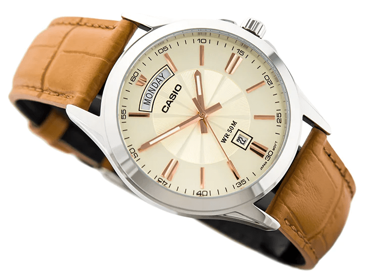 MTP-1381L-9AVDF Casio Gold Dial Brown Leather Strap Analog Quartz Men's Watch. - Timecheck