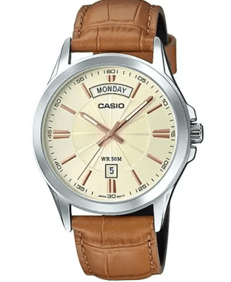MTP-1381L-9AVDF Casio Gold Dial Brown Leather Strap Analog Quartz Men's Watch. - Timecheck