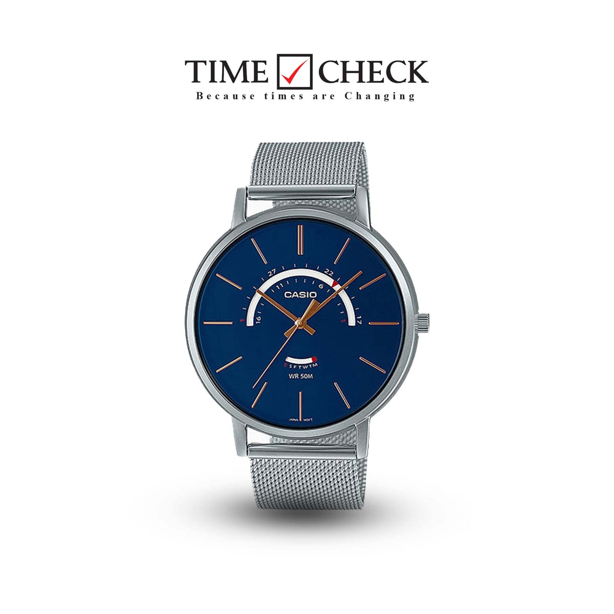 MTP-B105M-2AVDF Casio Analog Stainless Steel Band Silver & Blue Men's Watch. - Timecheck