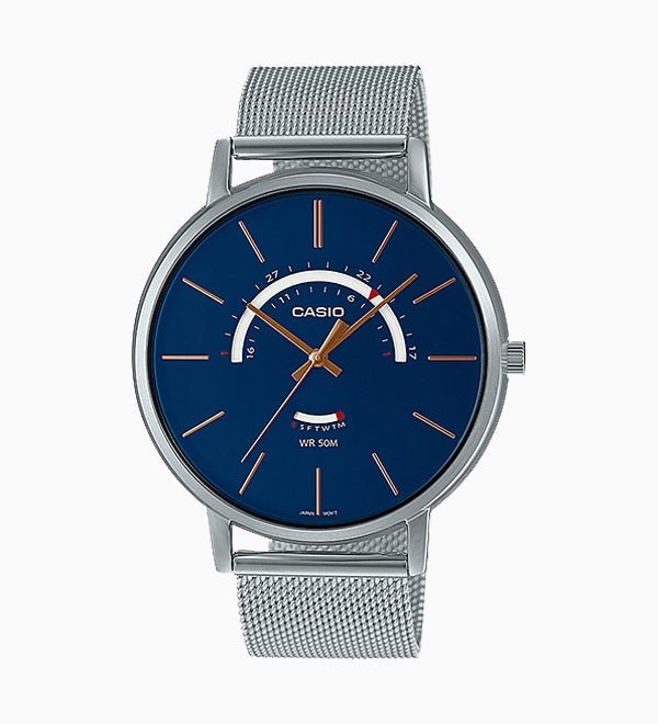 MTP-B105M-2AVDF Casio Analog Stainless Steel Band Silver & Blue Men's Watch. - Timecheck