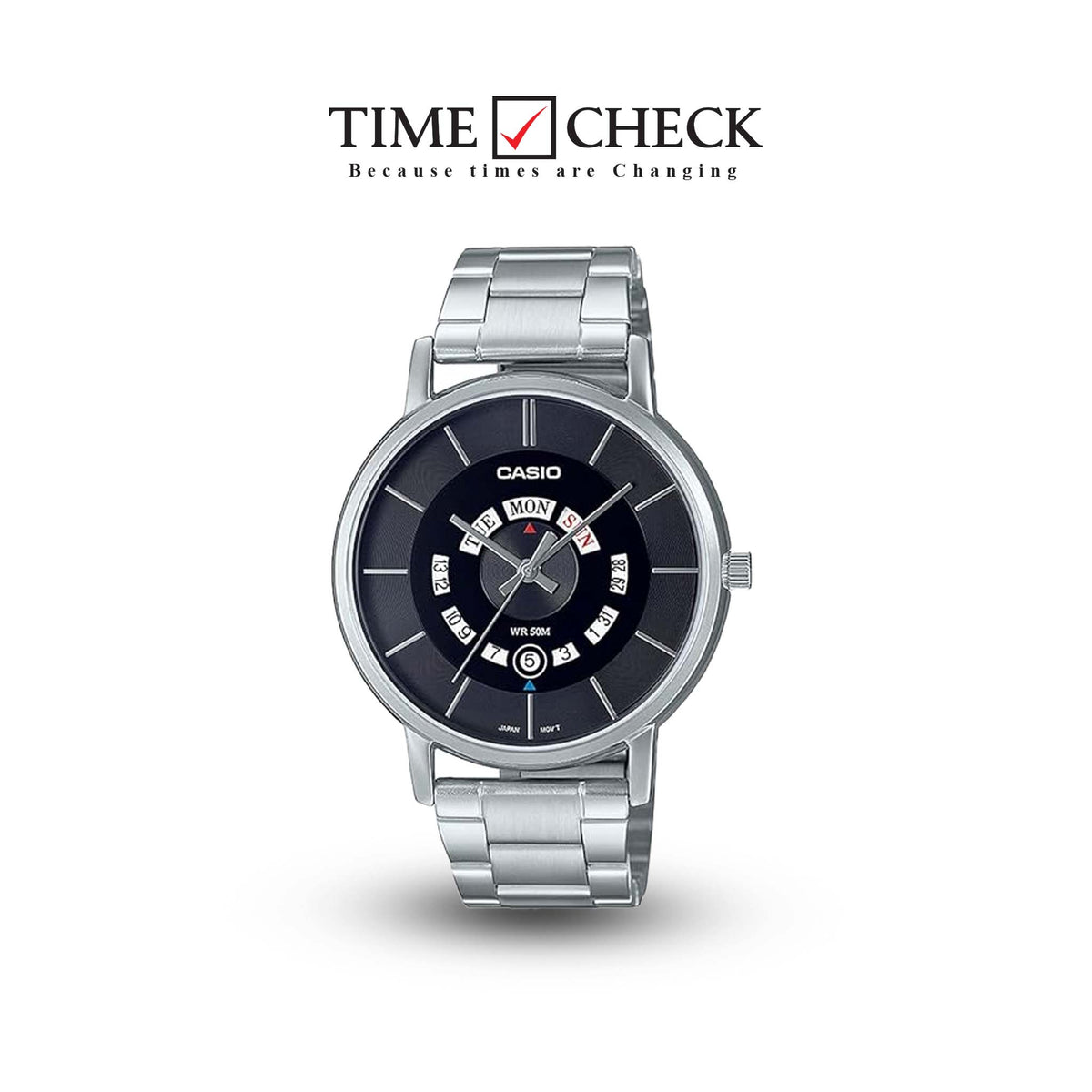 MTP-B135D-1AVDF Casio Black Dial Silver Stainless Steel Chain Quartz Men's Watch. - Timecheck
