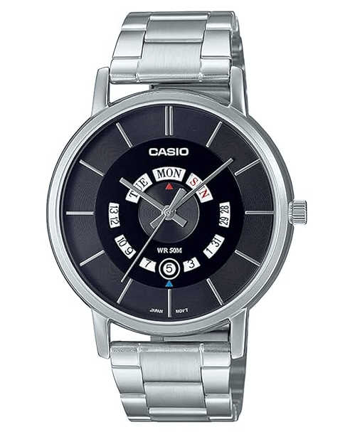 MTP-B135D-1AVDF Casio Black Dial Silver Stainless Steel Chain Quartz Men's Watch. - Timecheck