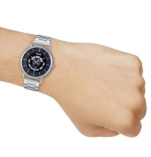 MTP-B135D-1AVDF Casio Black Dial Silver Stainless Steel Chain Quartz Men's Watch. - Timecheck