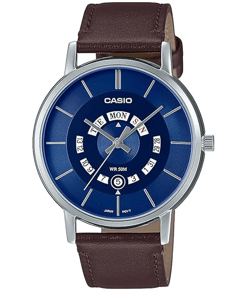 MTP-B135L-2AVDF Casio Blue Dial Brown Leather Strap Analog Quartz Men's Watch. - Timecheck