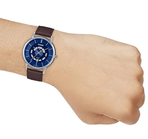 MTP-B135L-2AVDF Casio Blue Dial Brown Leather Strap Analog Quartz Men's Watch. - Timecheck