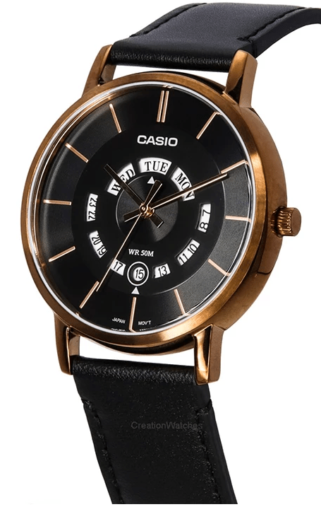 MTP-B135RL-1AVDF Casio Black Dial Black Leather Strap Analog Quartz Men's Watch. - Timecheck