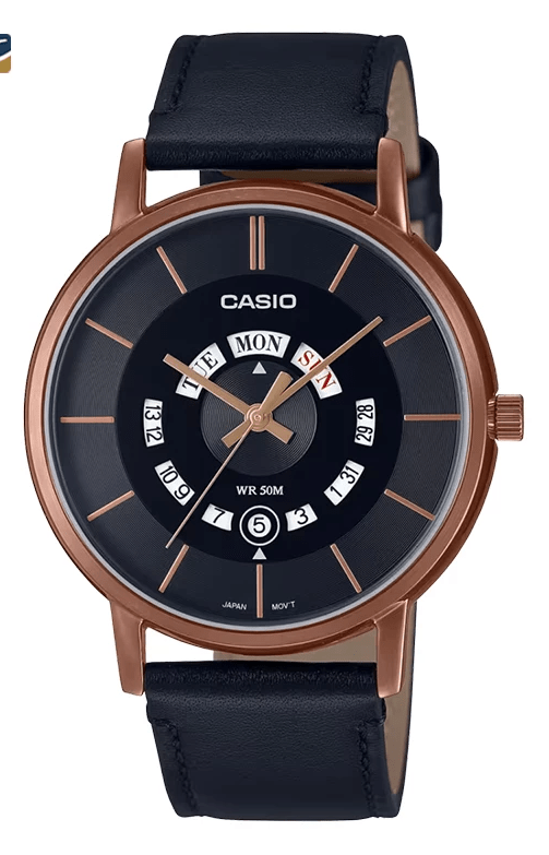 MTP-B135RL-1AVDF Casio Black Dial Black Leather Strap Analog Quartz Men's Watch. - Timecheck
