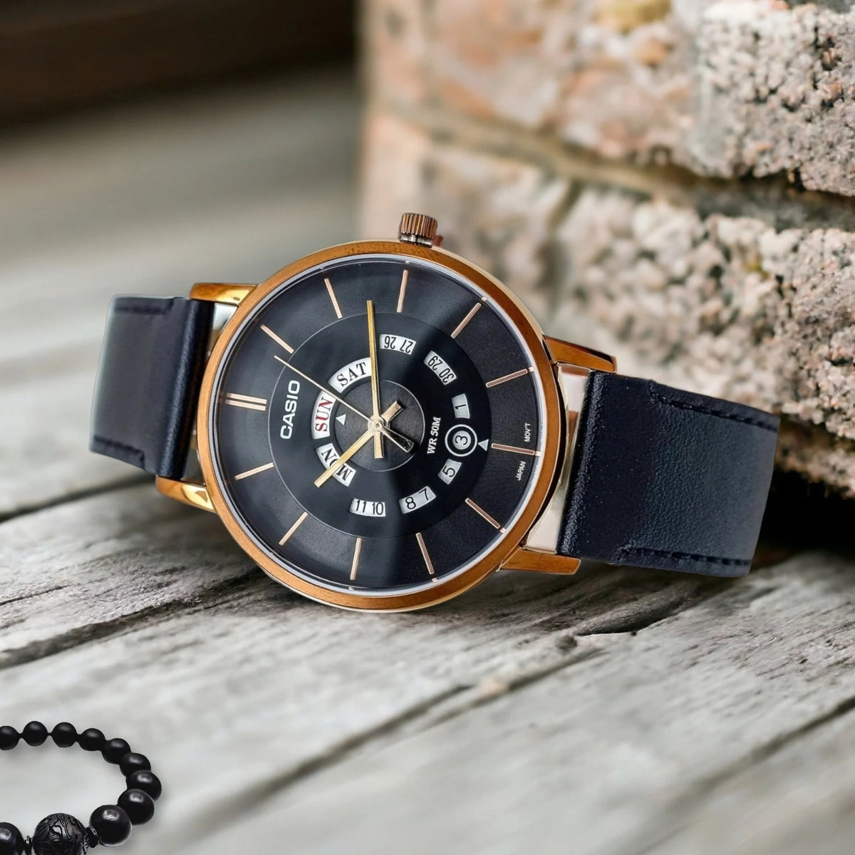 MTP-B135RL-1AVDF Casio Black Dial Black Leather Strap Analog Quartz Men's Watch. - Timecheck