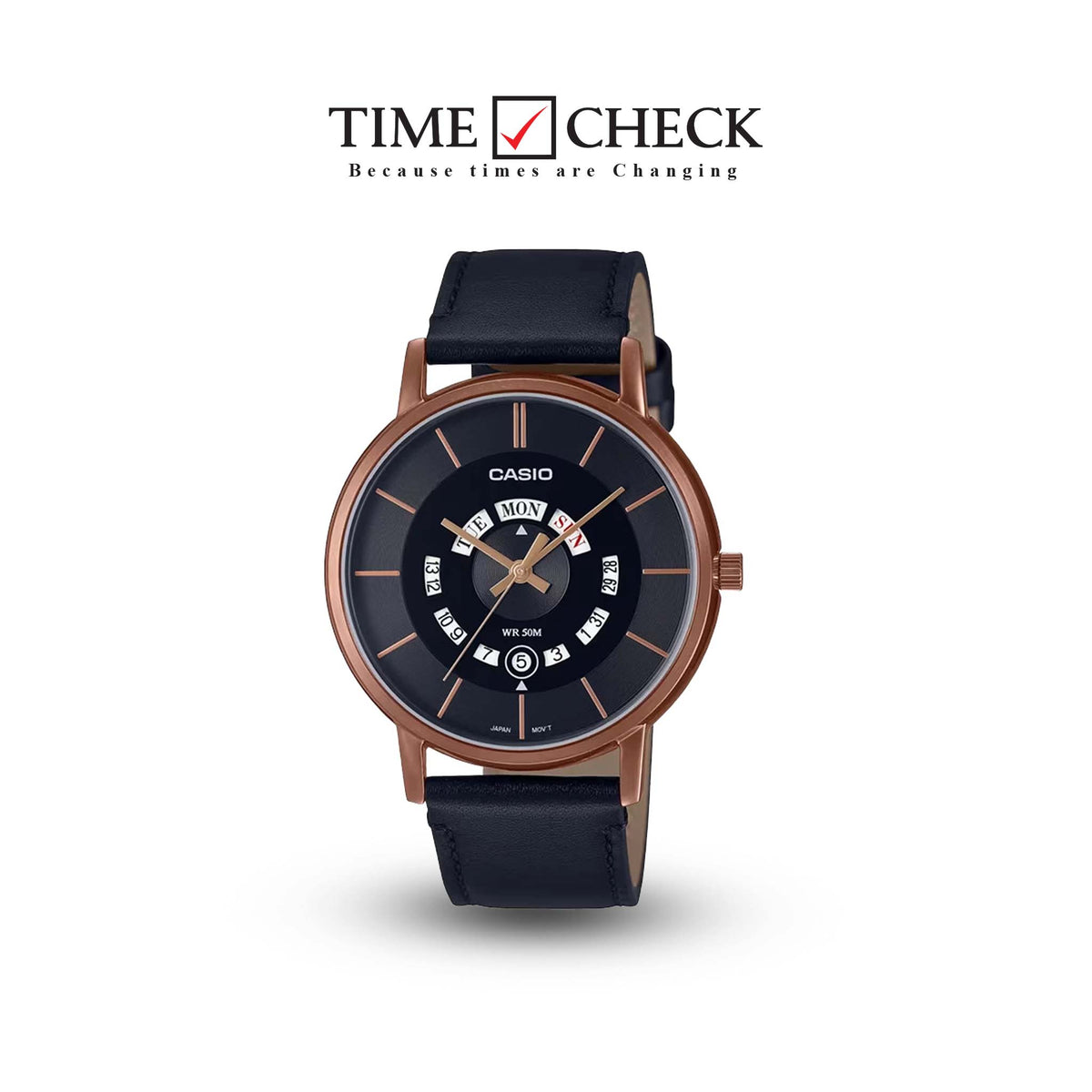 MTP-B135RL-1AVDF Casio Black Dial Black Leather Strap Analog Quartz Men's Watch. - Timecheck