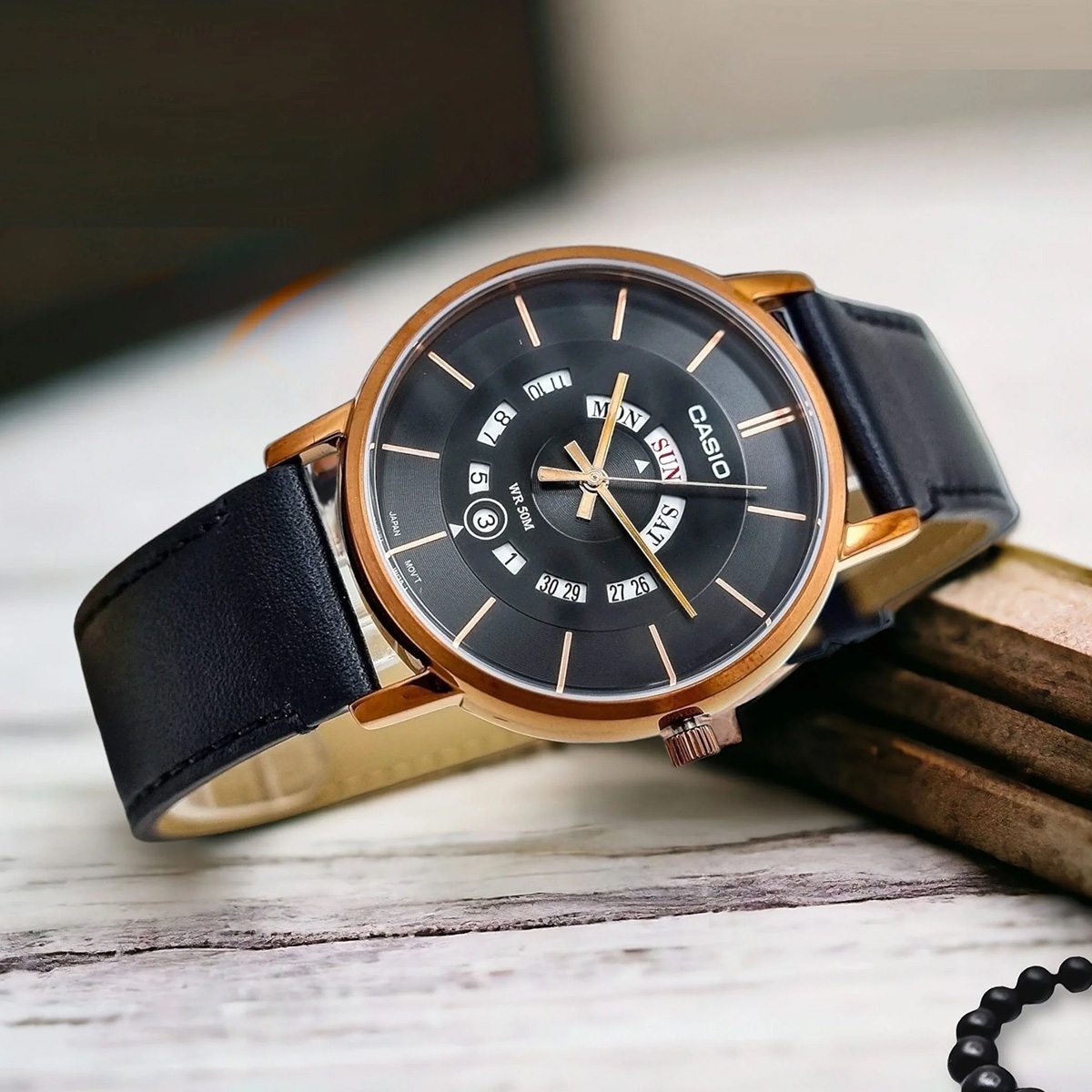 MTP-B135RL-1AVDF Casio Black Dial Black Leather Strap Analog Quartz Men's Watch. - Timecheck