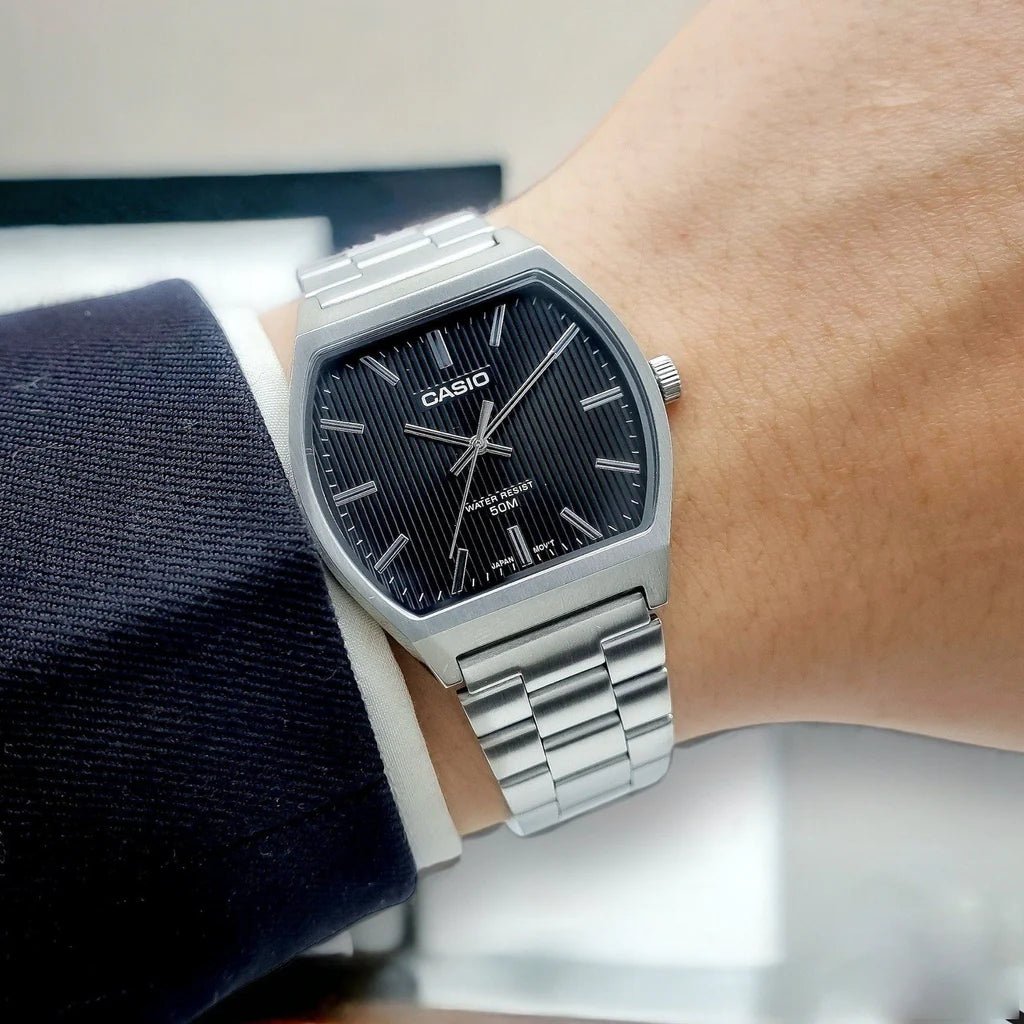 MTP-B140D-1AVDF Casio Black Dial Silver Stainless Steel Chain Analog Men's Watch. - Timecheck