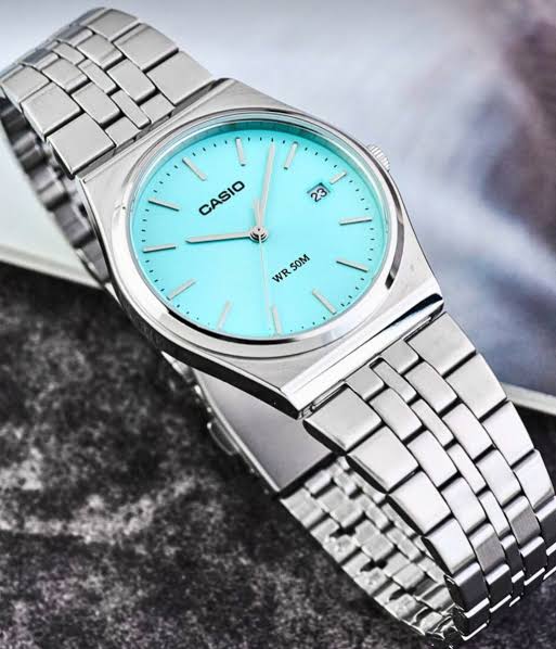 Casio MTP-B145G-9AVEF men's watch featuring a trendy Tifny blue analog dial and luxurious gold stainless steel link bracelet