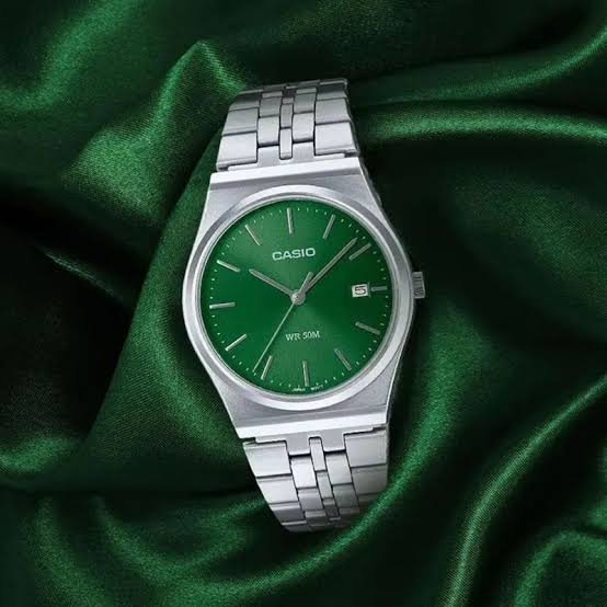 MTP-B145d-3avdf Casio GREEN Dial Stainless Steel silver Chain Quartz Men's Watch. - Timecheck