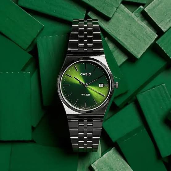 MTP-B145d-3avdf Casio GREEN Dial Stainless Steel silver Chain Quartz Men's Watch. - Timecheck