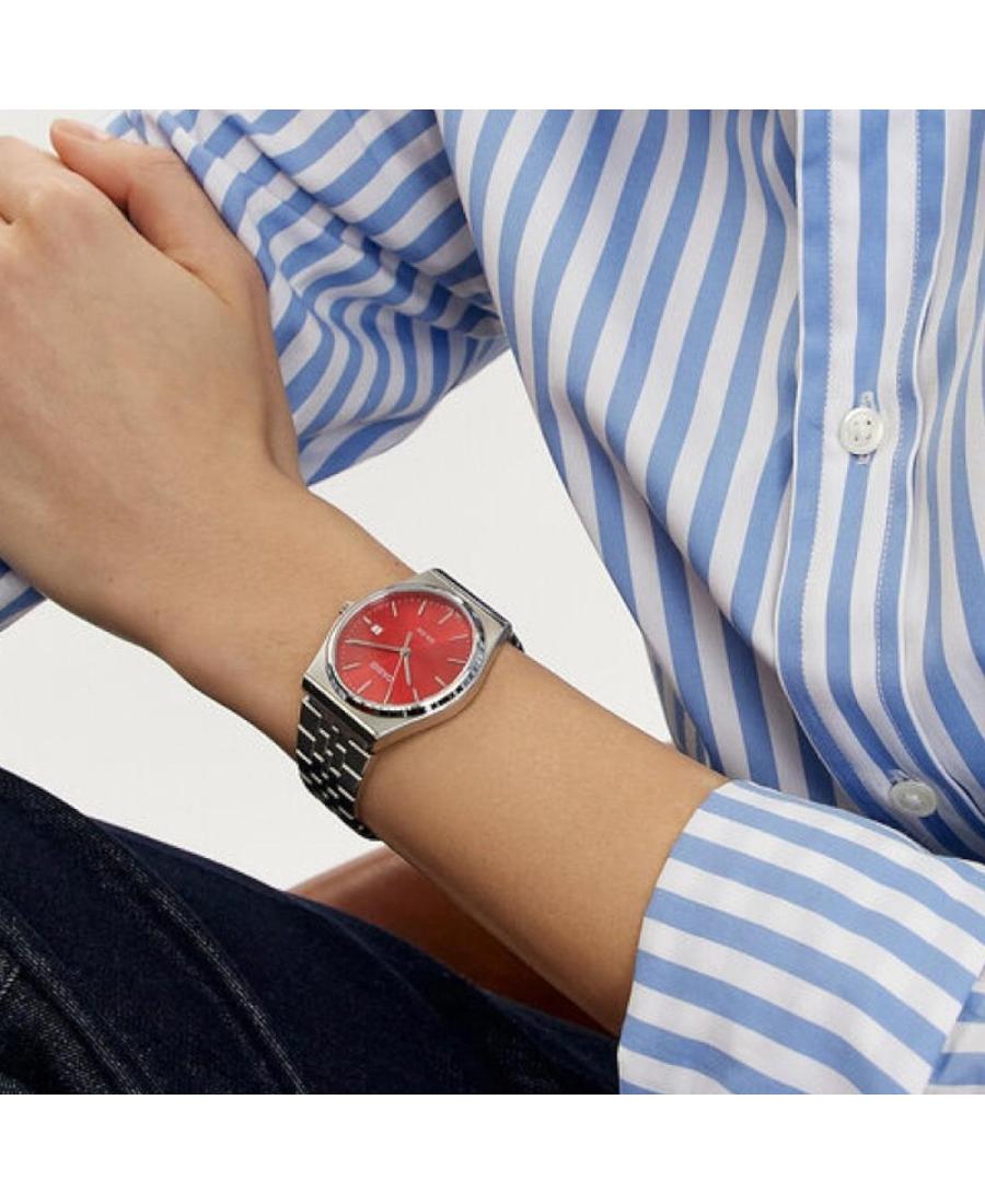 Casio MTP-B145D-4A2 men's watch featuring a bold red analog dial and elegant silver stainless steel link bracelet