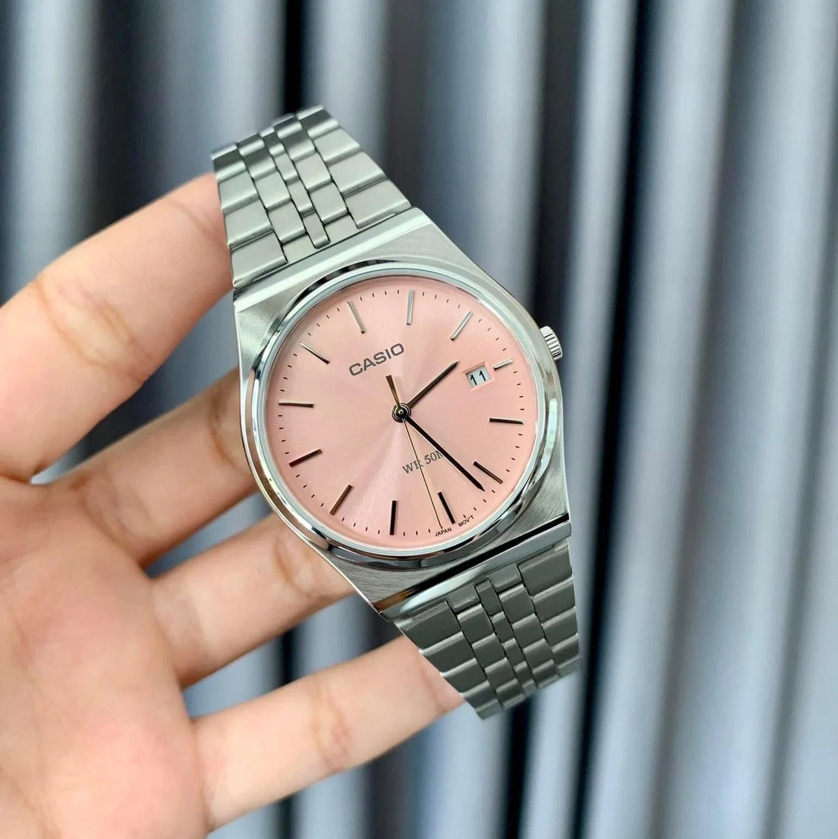 MTP-B145D-4AVDF Casio Pink Dial Silver Stainless Steel Chain Quartz Men's Watch With Box & Bag - Timecheck