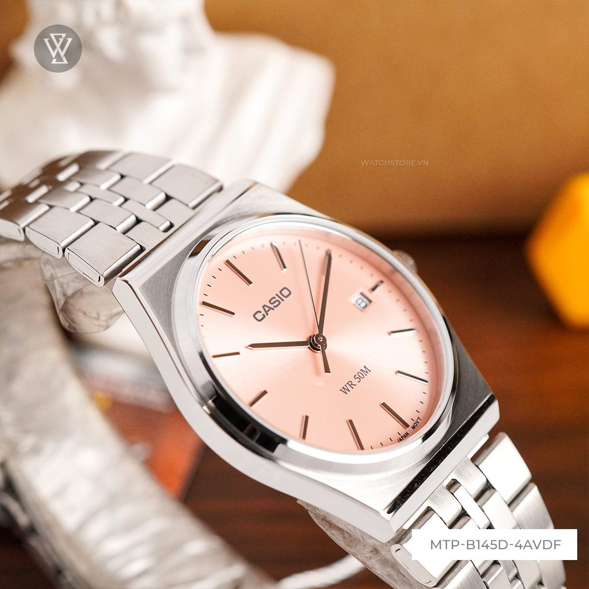 MTP-B145D-4AVDF Casio Pink Dial Silver Stainless Steel Chain Quartz Men's Watch With Box & Bag - Timecheck
