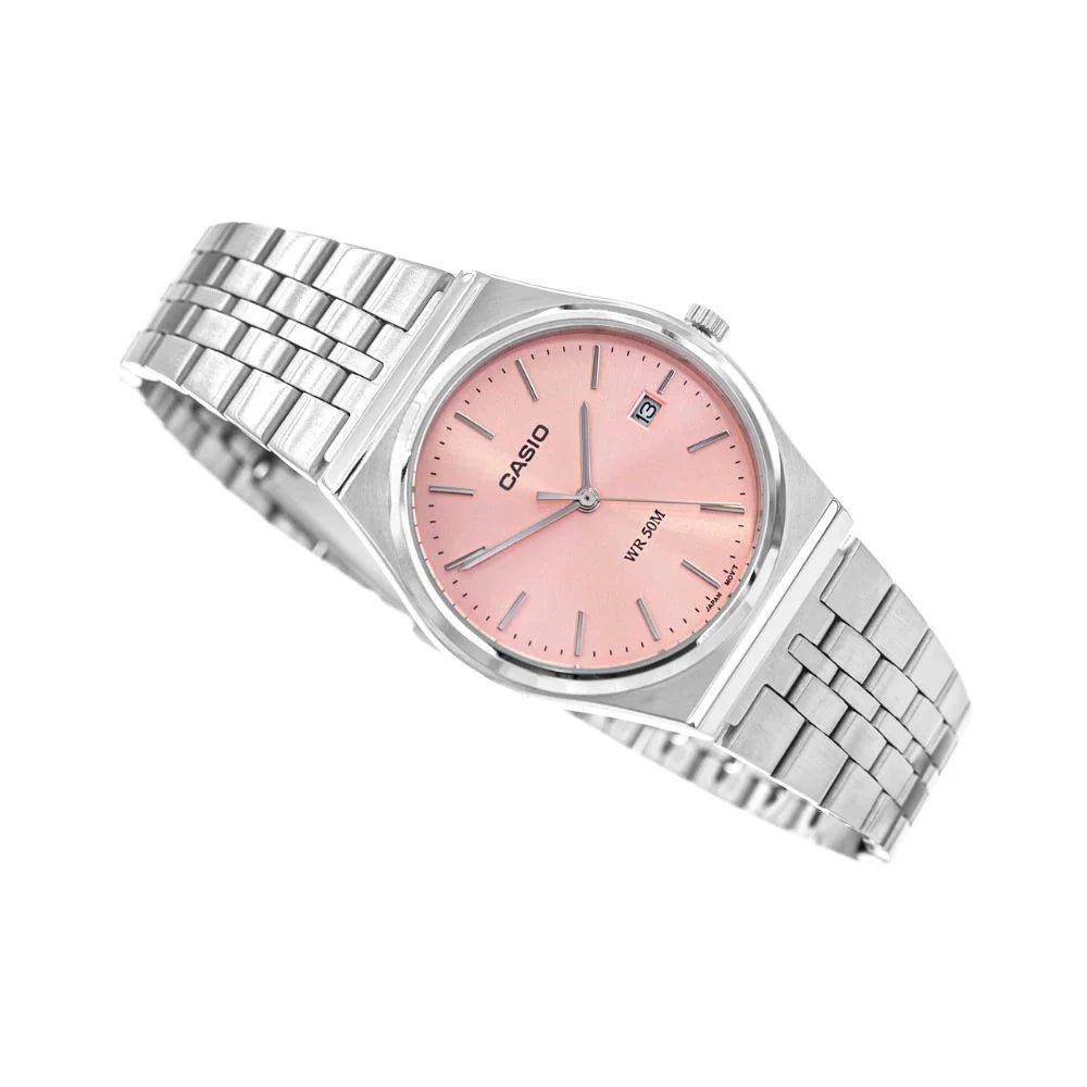 MTP-B145D-4AVDF Casio Pink Dial Silver Stainless Steel Chain Quartz Men's Watch With Box & Bag - Timecheck