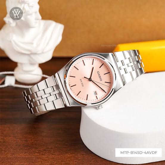 MTP-B145D-4AVDF Casio Pink Dial Silver Stainless Steel Chain Quartz Men's Watch With Box & Bag - Timecheck