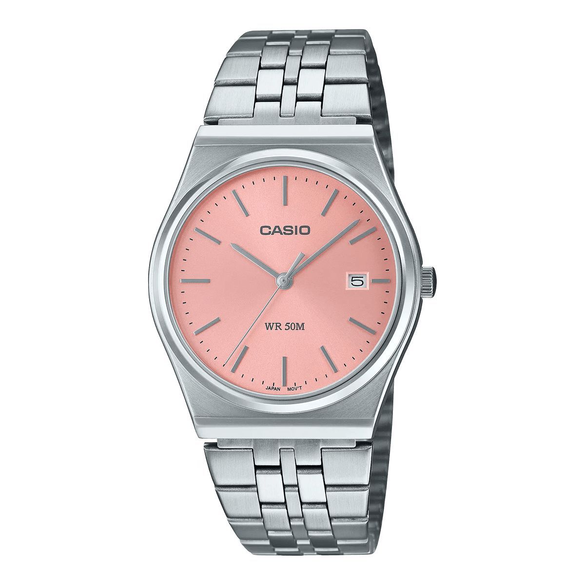 MTP-B145D-4AVDF Casio Pink Dial Silver Stainless Steel Chain Quartz Men's Watch With Box & Bag - Timecheck