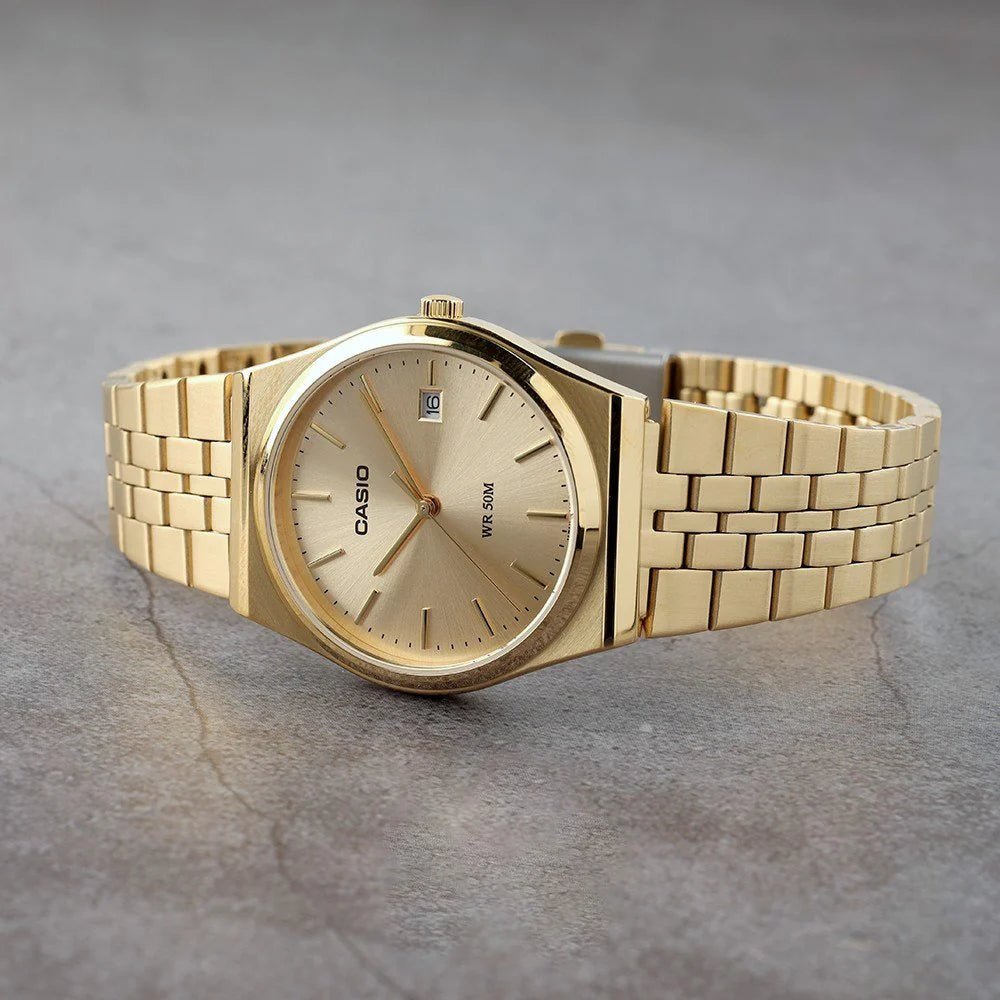 MTP-B145G-9AVDF Casio Gold Dial Stainless Steel Gold Chain Quartz Men's Watch. - Timecheck