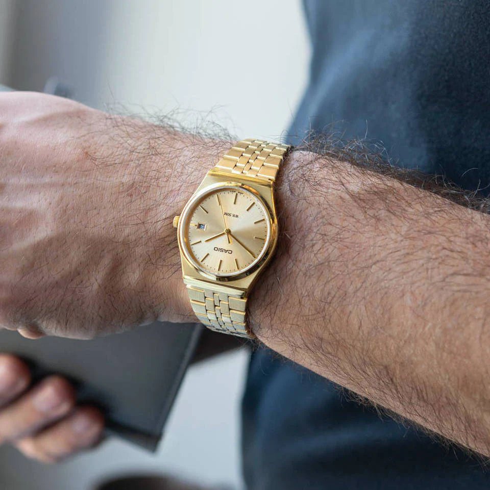 MTP-B145G-9AVDF Casio Gold Dial Stainless Steel Gold Chain Quartz Men's Watch. - Timecheck