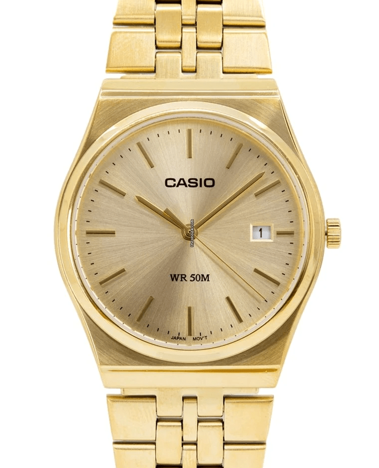 MTP-B145G-9AVEF Casio Gold Dial Stainless Steel Gold Chain Quartz Men's Watch. - Timecheck