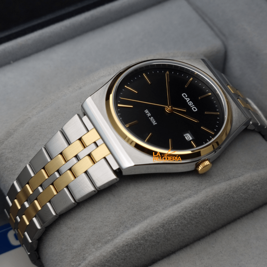 MTP-B145SG-1AVDF Casio Black Dial Stainless Steel Silver & Gold Chain Quartz Men's Watch. - Timecheck