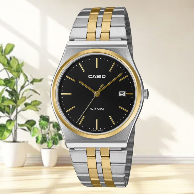 MTP-B145SG-1AVDF Casio Black Dial Stainless Steel Silver & Gold Chain Quartz Men's Watch. - Timecheck