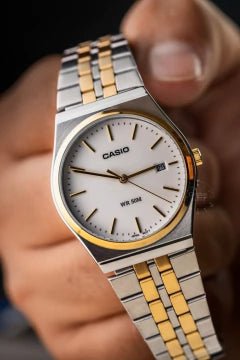 MTP-B145SG-7AVDF Casio White Dial Stainless Steel Silver & Gold Chain Quartz Men's Watch. - Timecheck