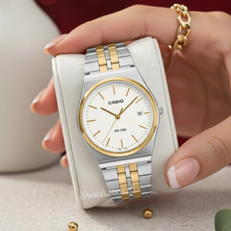 MTP-B145SG-7AVDF Casio White Dial Stainless Steel Silver & Gold Chain Quartz Men's Watch. - Timecheck