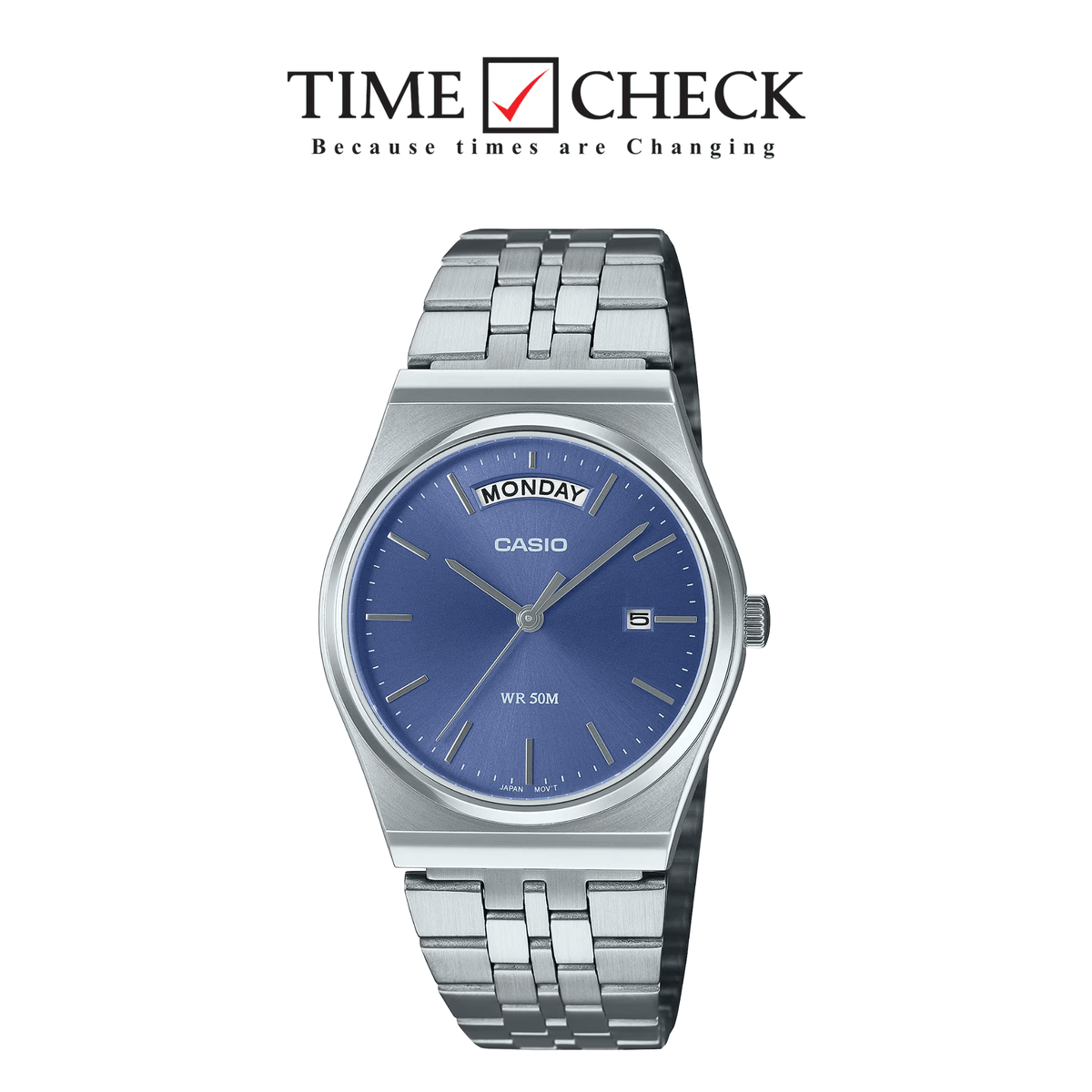 MTP-B146D-2AVDF Casio Blue Dial Silver Stainless Steel Chain Day & Date Quartz Men's Watch With Box & Bag - Timecheck