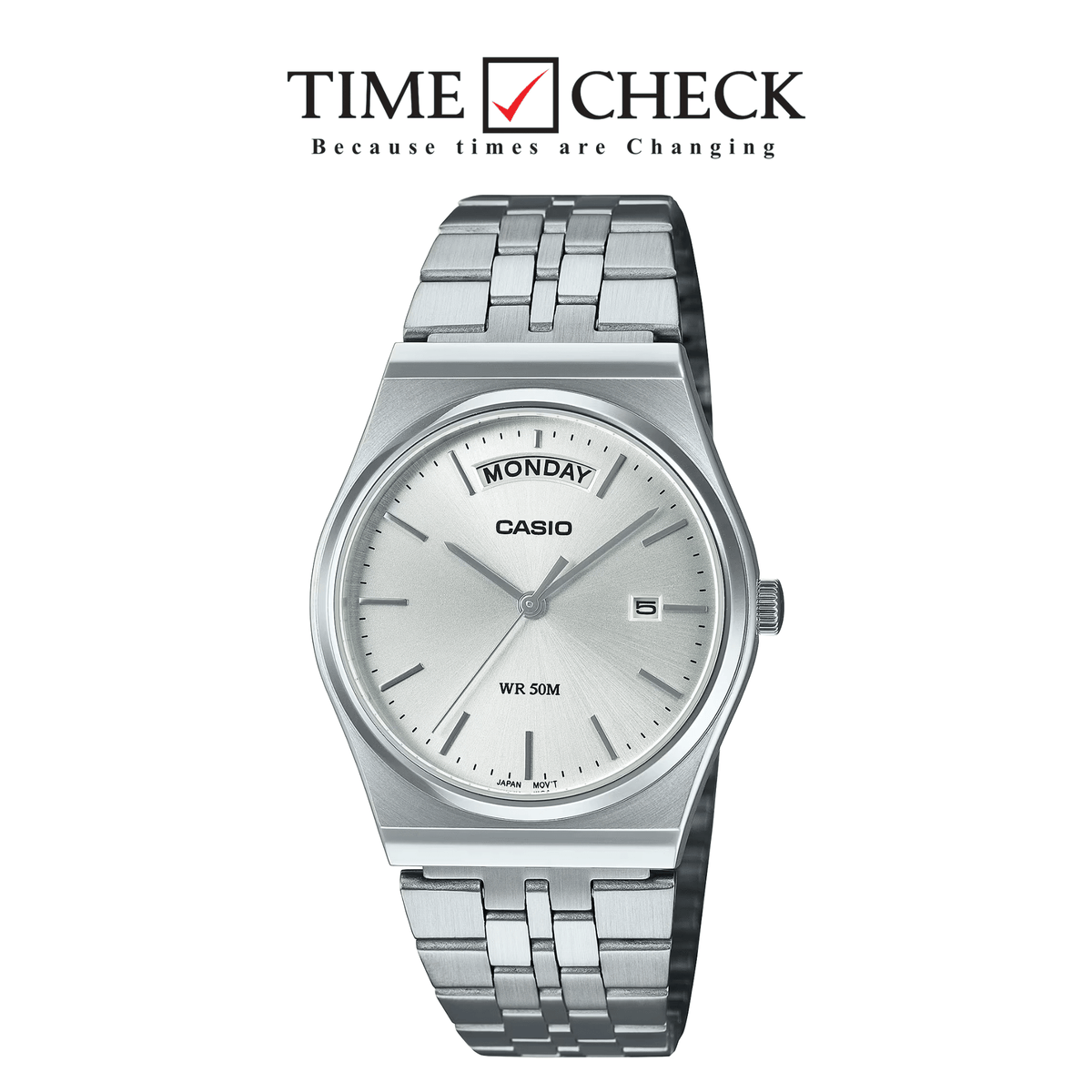 MTP-B146D-7A Casio Silver Dial Silver Stainless Steel Chain Day & Date Quartz Men's Watch With Box & Bag - Timecheck