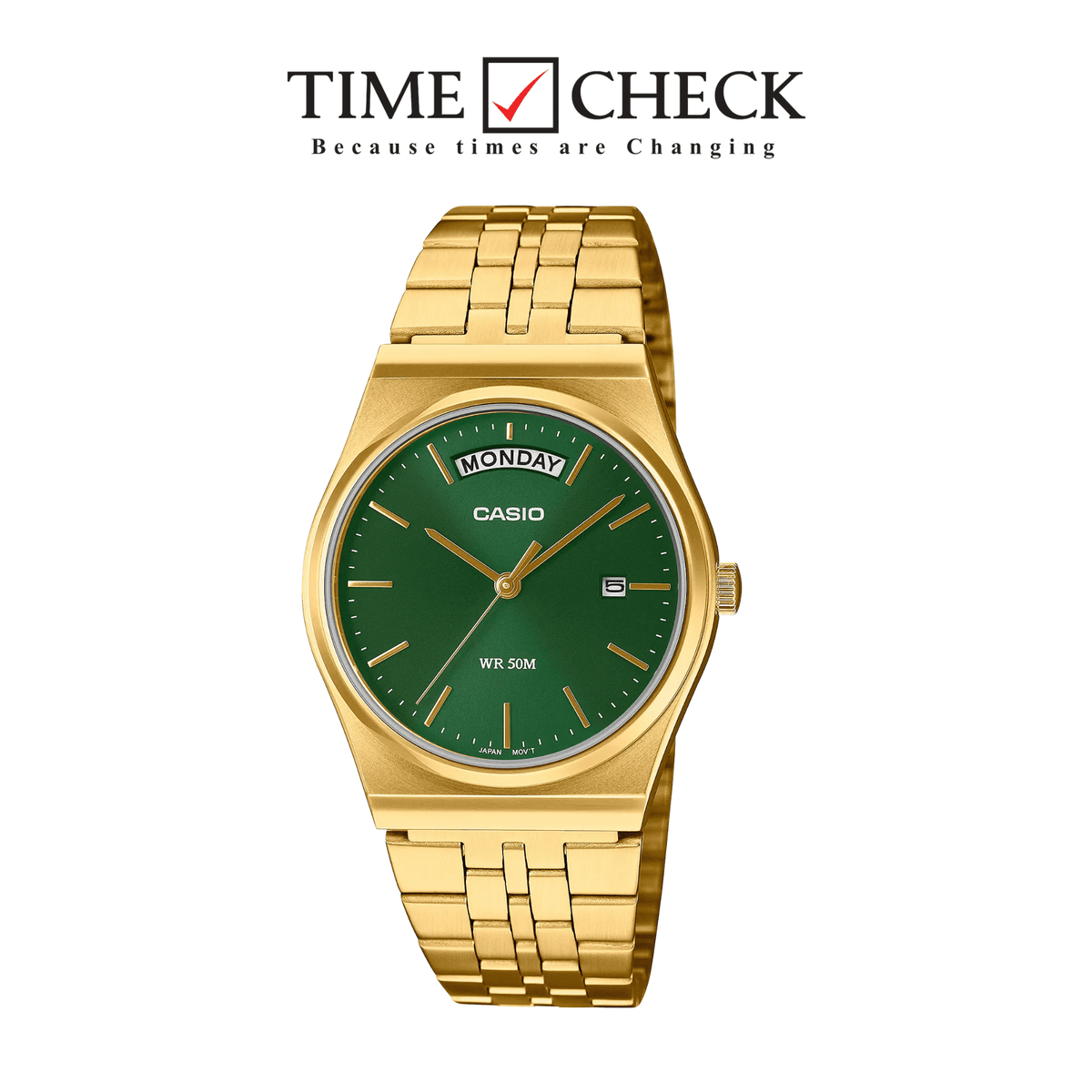MTP-B146G-3AVDF Casio Green Dial Golden Stainless Steel Chain Day & Date Quartz Men's Watch With Box & Bag - Timecheck