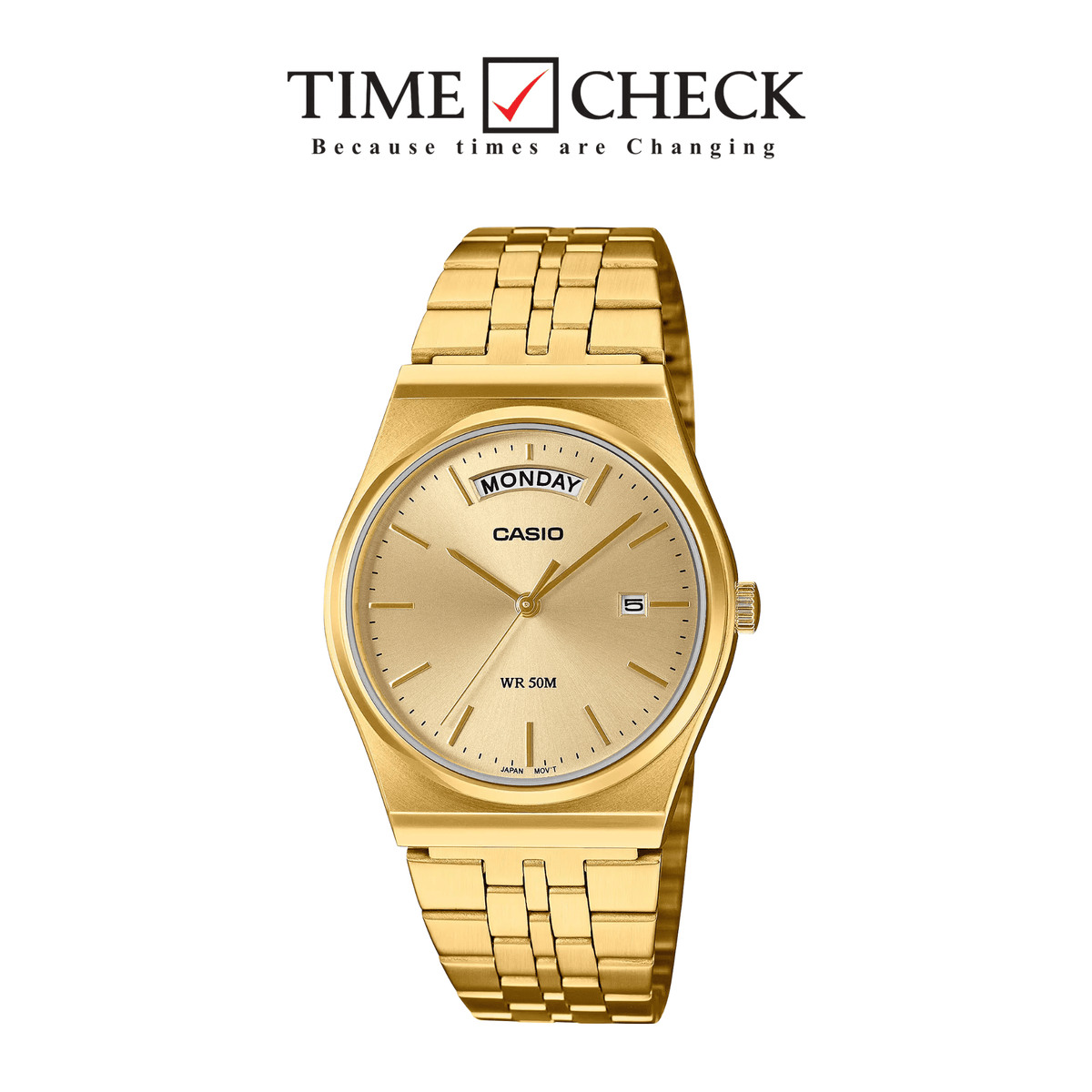 MTP-B146G-9A Casio Golden Dial Golden Stainless Steel Chain Day & Date Quartz Men's Watch With Box & Bag - Timecheck