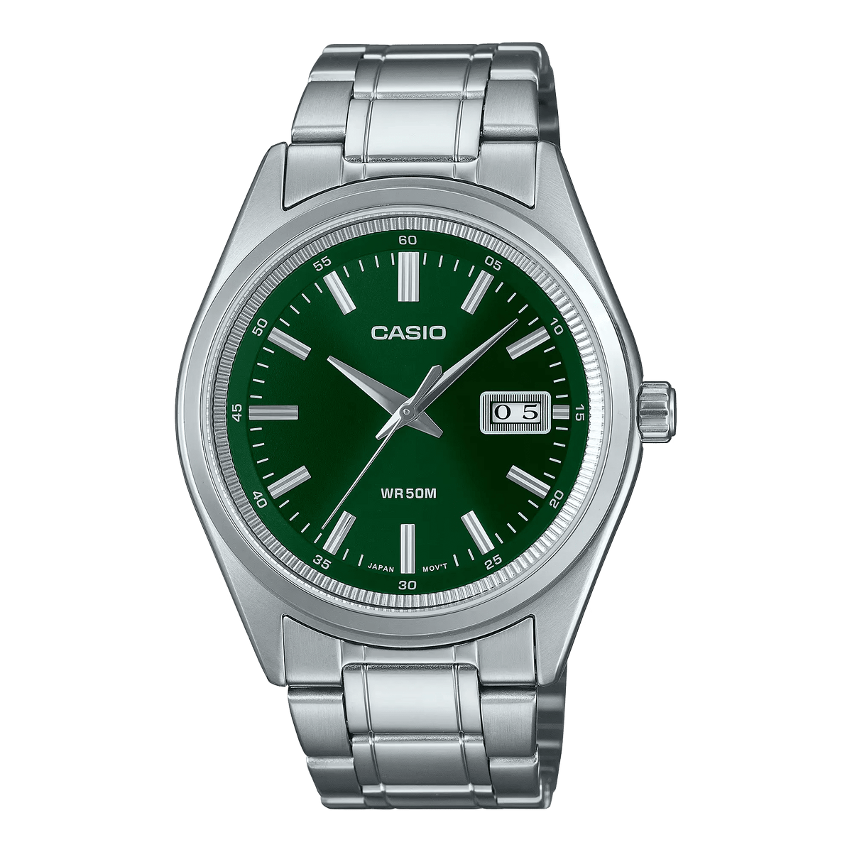 MTP-B180D-3AVDF Casio Green Dial Silver Stainless Steel Chain Analog Men's Watch. - Timecheck