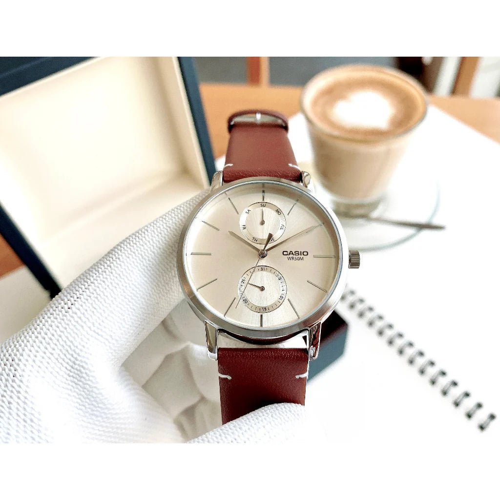 MTP-B310L-9AVDF Casio White Dial Brown Leather Strap Analog Men's Watch. - Timecheck