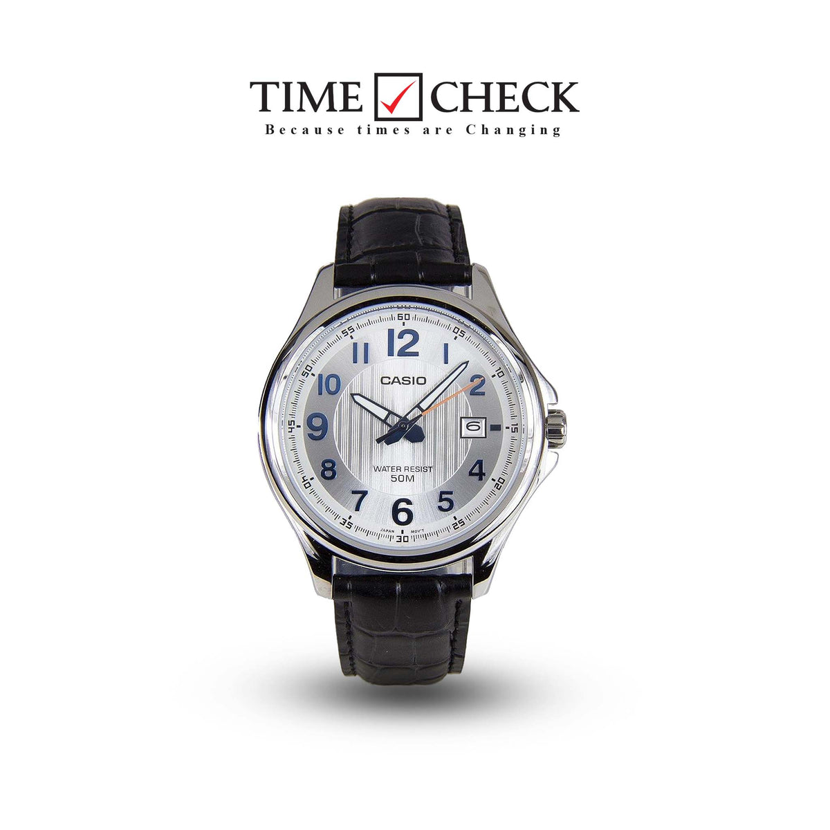 MTP-E126L-7AVDF Casio Steel Case Silver Dial Black Leather Strap Quartz Men's Watch. - Timecheck