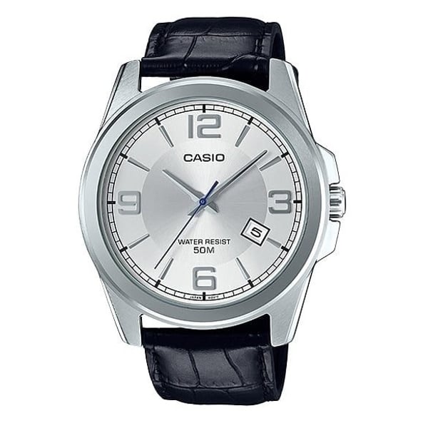 MTP-E138L-7AVDF Casio Silver Dial Leather Strap Analog Quartz Men's Watch. - Timecheck