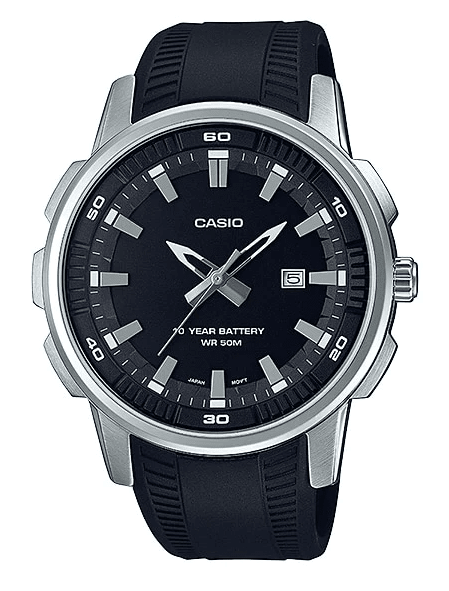 MTP-E195-1AVDF Casio Black Dial Steel Case Silicon Strap Quartz Men's Watch. - Timecheck
