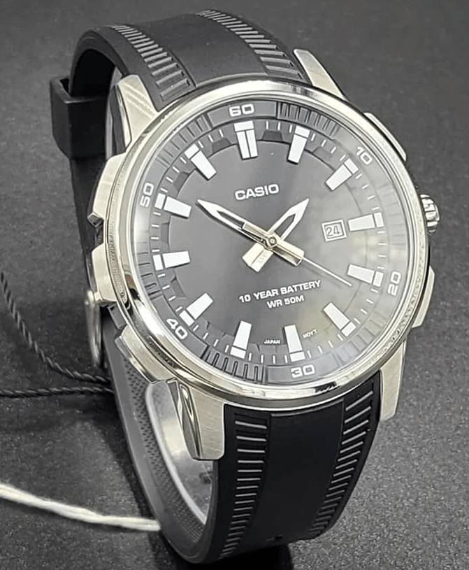MTP-E195-1AVDF Casio Black Dial Steel Case Silicon Strap Quartz Men's Watch. - Timecheck