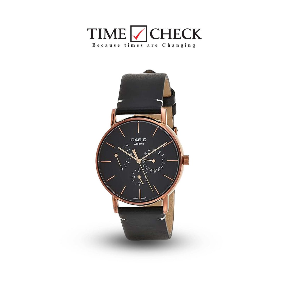 MTP-E320RL-1EVDF Casio Quartz Analog Multi Function Black Dial Men's Watch. - Timecheck