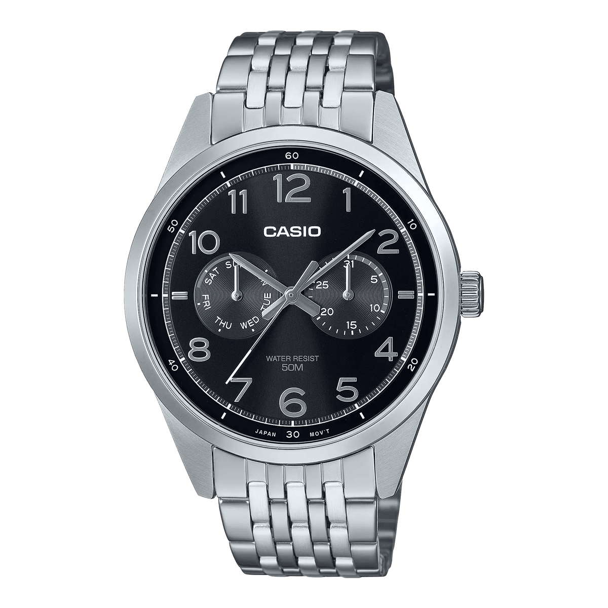 MTP-E340D-1AVDF Casio Black Dial Silver Stainless Steel Chain Analog Men's Watch. - Timecheck