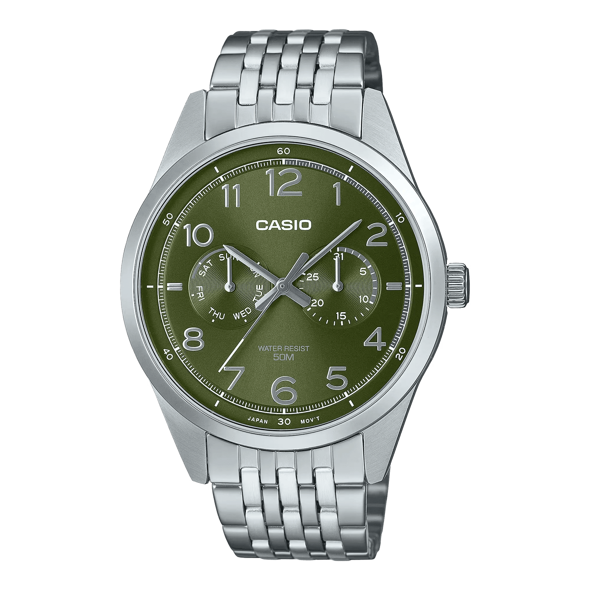 MTP-E340D-3AVDF Casio Green Dial Silver Stainless Steel Chain Analog Men's Watch. - Timecheck