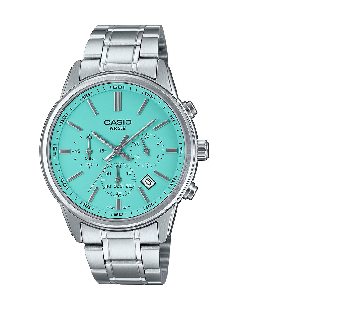 mtp-e515d-2a2vdf Casio Chronograph sea green dial Analog Stainless Steel Men's Watch.
