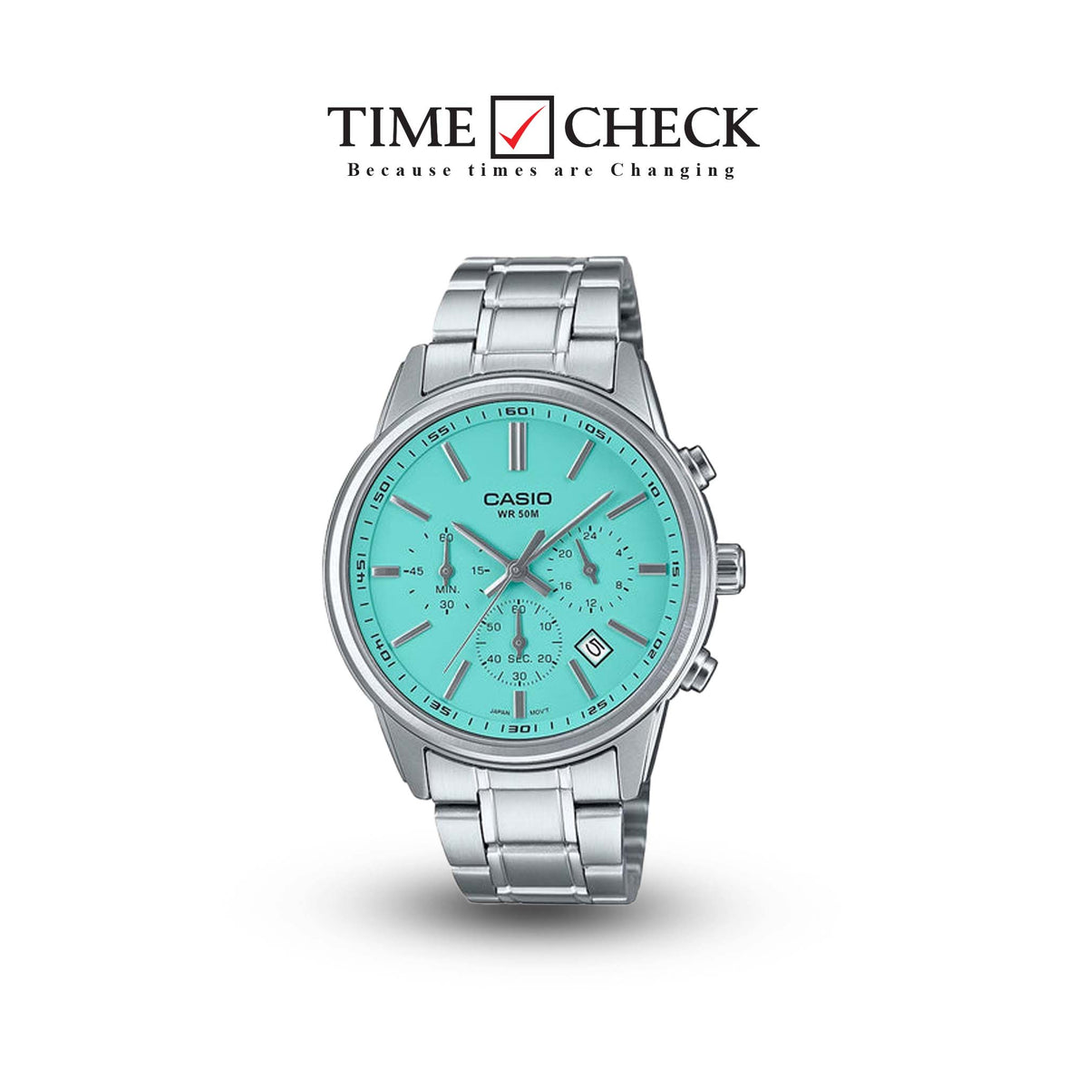 mtp-e515d-2a2vdf Casio Chronograph sea green dial Analog Stainless Steel Men's Watch. fashionable