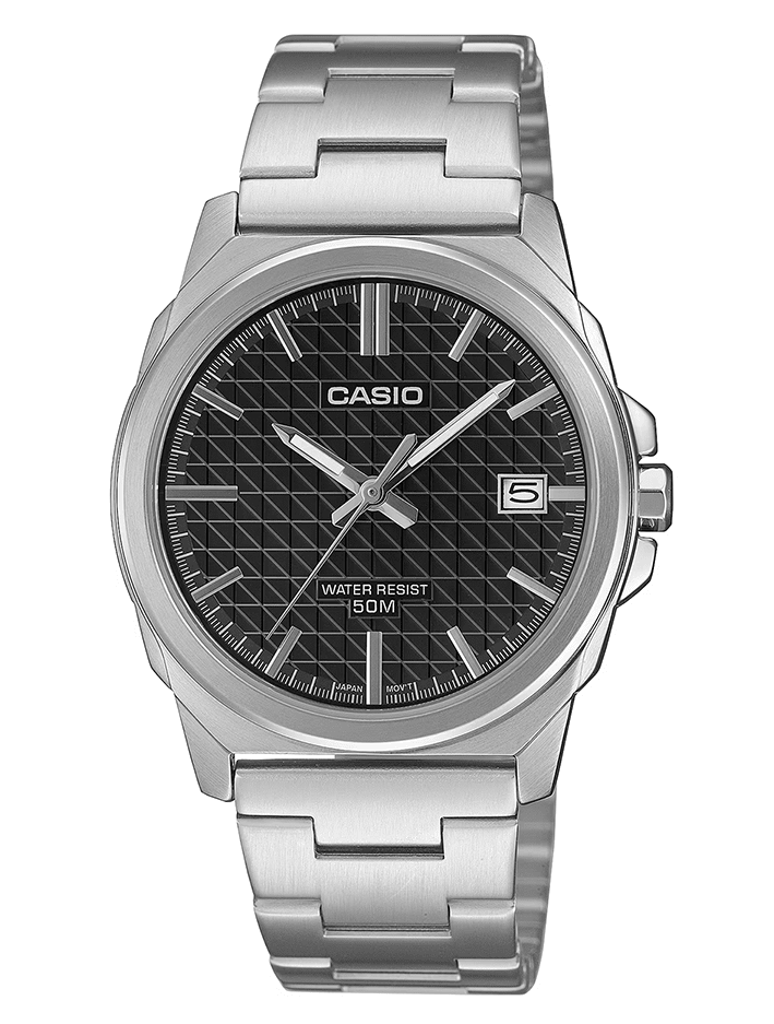 MTP-E720D-1AVDF Casio Black Dial Silver Stainless Steel Analog Quartz Men's Watch. - Timecheck